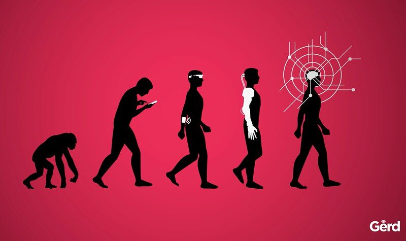 an evolution graphic going from monkey to people with phones and wearables and bionic arms, Technology vs Humanity Futurist Gerd Leonhard https://www.flickr.com/photos/gleonhard/28664635933