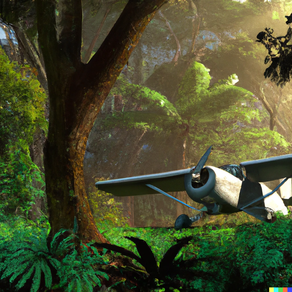 photo realistic image of a small cessna airplane with its landing gear down standing in a jungle clearing. Large trees and jungle canopy surround the plane and sunlight filters through them to bask the plane in light. The plane is overgrown with vegetation but otherwised undamaged.