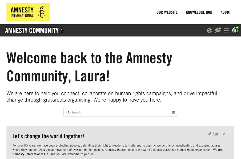 Screenshot from our Amnesty Community Platform homepage